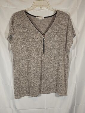 Lavish 1X Gray Black Marled Zip Front Short Sleeve Top